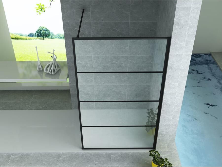 Aloni Inloopdouchewand | 90x200 cm | Raster decor | Helder glas | Zwart mat beslag - Foto 2