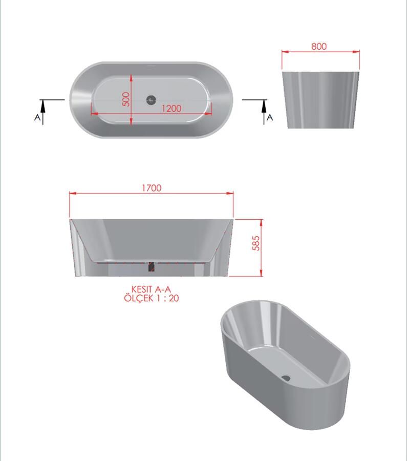 Aloni Vrijstaand bad Bauci | 170x70 cm | Incl.Badplug | Met overloop | Solid surface | Vrijstaand | Glans wit