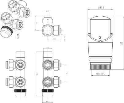 Bewonen Alento aansluitset 1 2" 3 4" met thermostaatknop haaks mat zwart