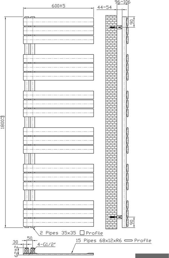 Belrad handdoek radiator zijaansluiting 1021 watt 180x60 cm staal wit