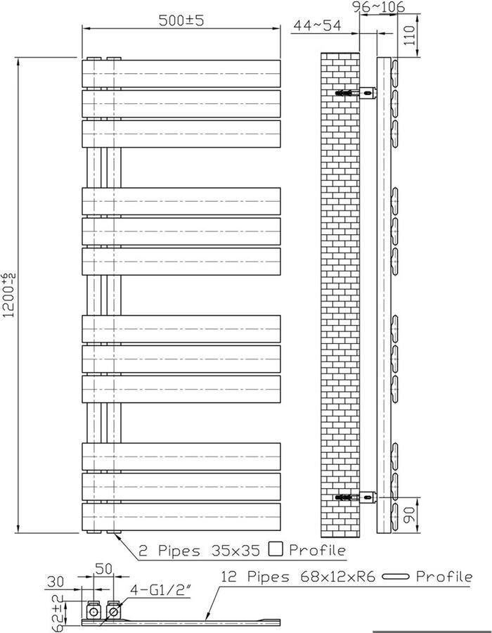 Belrad handdoek radiator zijaansluiting 593 watt 120x50 cm staal wit