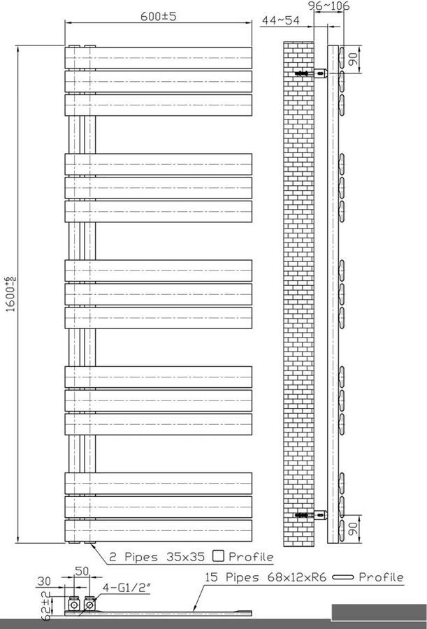 Belrad handdoek radiator zijaansluiting 864 watt 160x60 cm staal wit