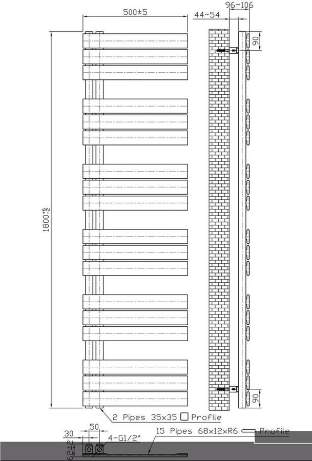 Belrad handdoek radiator zijaansluiting 890 watt 180x50 cm staal wit