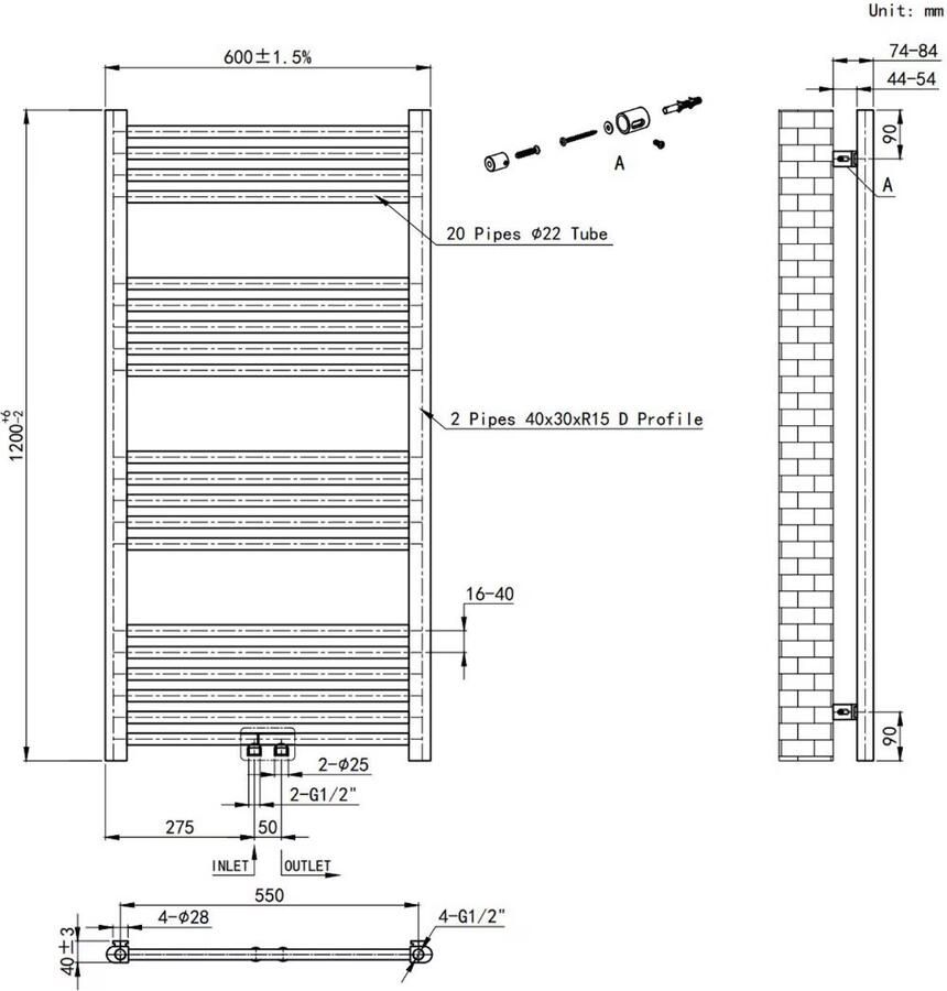 Belrad Handdoekradiator | 120x60 cm | Midden aansluiting | 414 watt | Geborstelg Goud