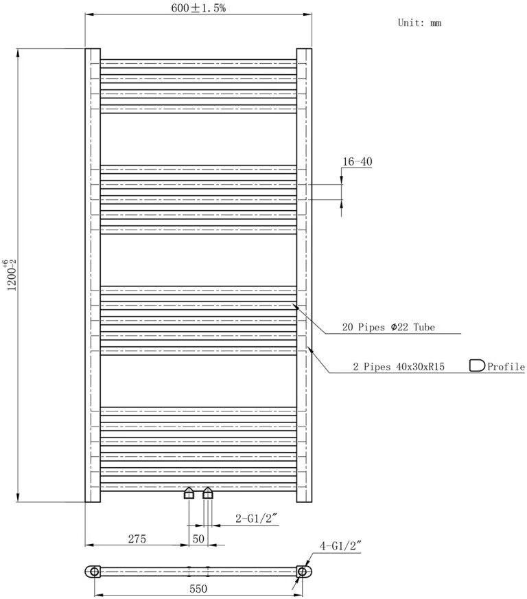 Belrad Handdoekradiator | 120x60 cm | Midden aansluiting | 431 watt | Chroom - Foto 1