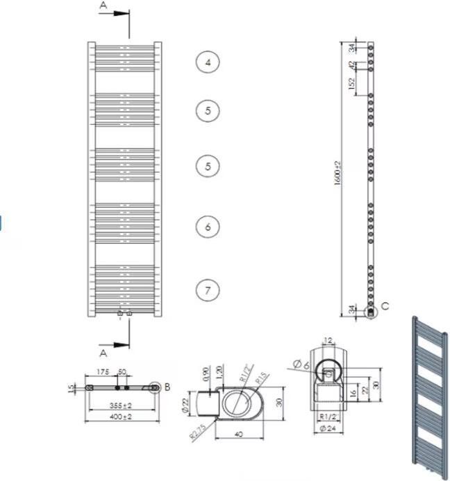 Belrad Handdoekradiator | 160x40 cm | Midden aansluiting | 614 watt | Wit