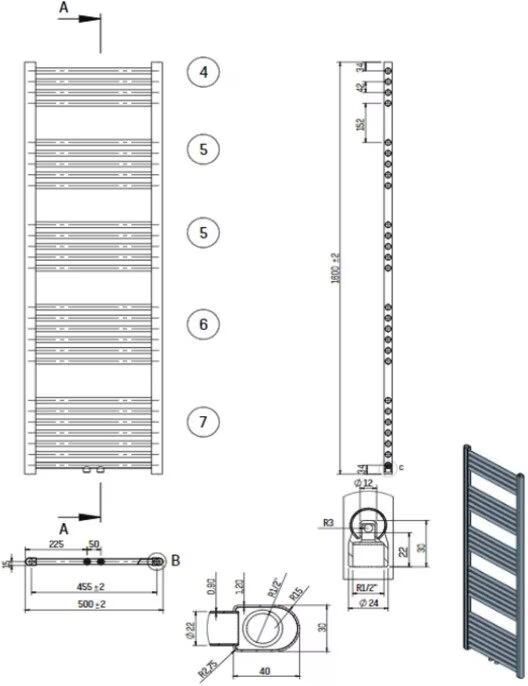 Belrad Handdoekradiator | 160x50 cm | CV radiator | Midden aansluiting | 721 watt | Zwart mat geborsteld
