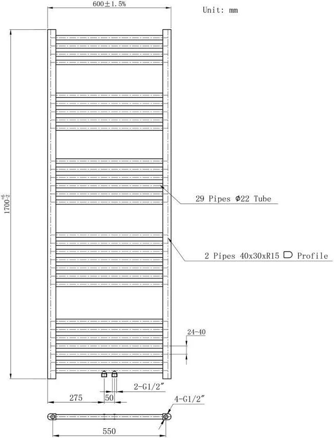 Belrad Handdoekradiator | 170x60 cm | Midden aansluiting | 620 watt | Chroom