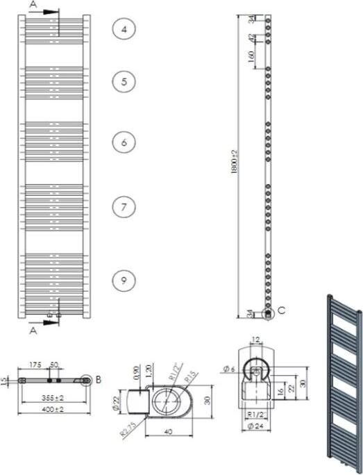Belrad Handdoekradiator | 180x40 cm | Midden aansluiting | 699 watt | Wit
