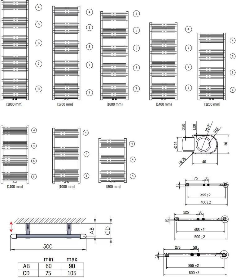 Belrad Handdoekradiator | 180x50 cm | CV radiator | Midden aansluiting | 821 watt | Zwart mat geborsteld