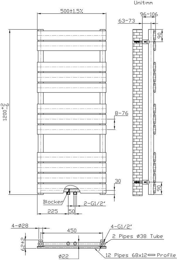 Belrad Handdoekradiator | 180x60 cm | Midden aansluiting | 661 watt | Chroom