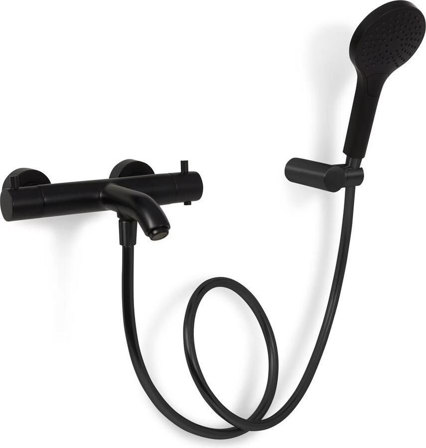 Blue Label Badkraan Brondby | Opbouw | Thermostaatkraan | Incl.Handdoucheset | 2-weg | hoh 15 cm | 2-hendels | Rond | Mat zwart - Foto 3