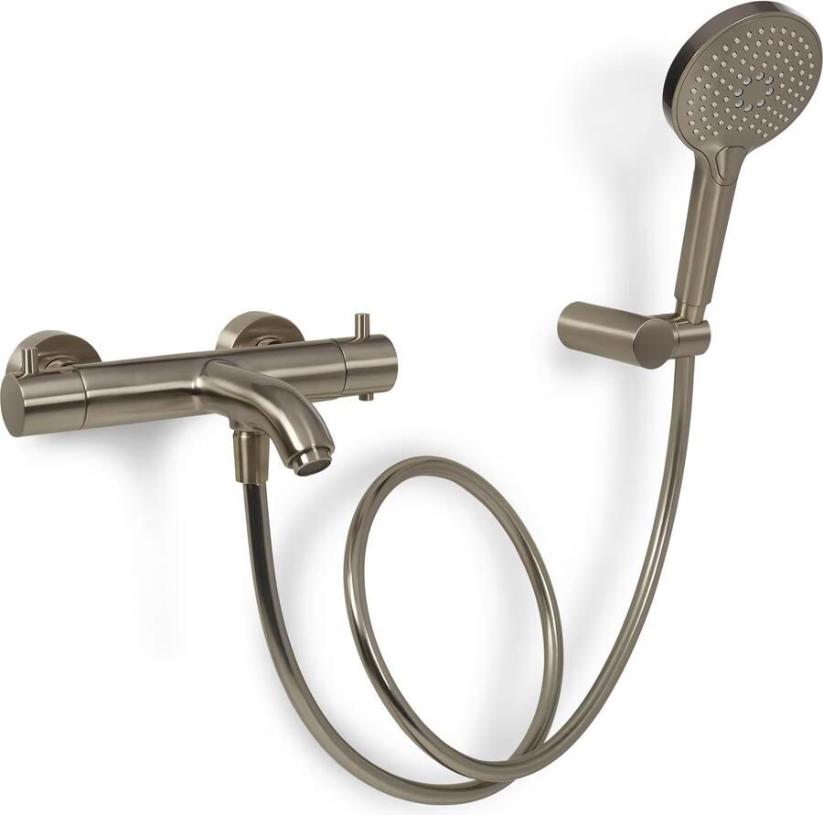 Blue Label Badkraan Brondby | Opbouw | Thermostaatkraan | Incl.Handdoucheset | 2-weg | hoh 15 cm | 2-hendels | Rond | Geborsteld nikkel PVD - Foto 3