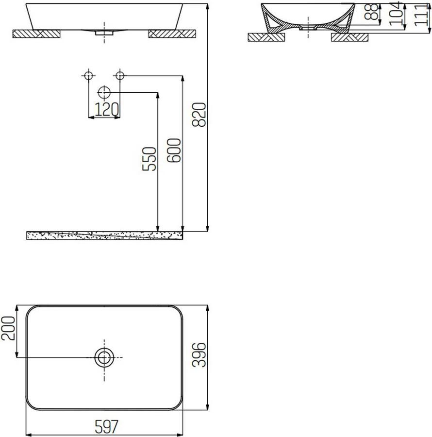 Creavit Opbouw wastafel Ultra | 60x40 cm | Keramiek | Vrijstaand | Rechthoekig | Basalt