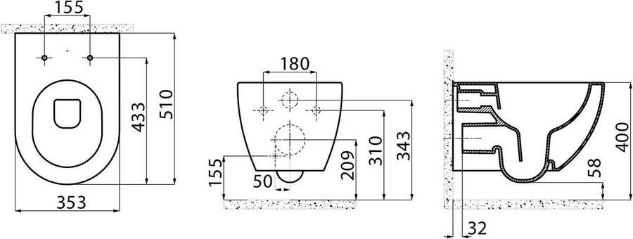 Creavit Wandcloset Freedom | Met spoelrand | Met bidet | Excl.Toiletzitting | Keramiek | Zwart mat - Foto 4