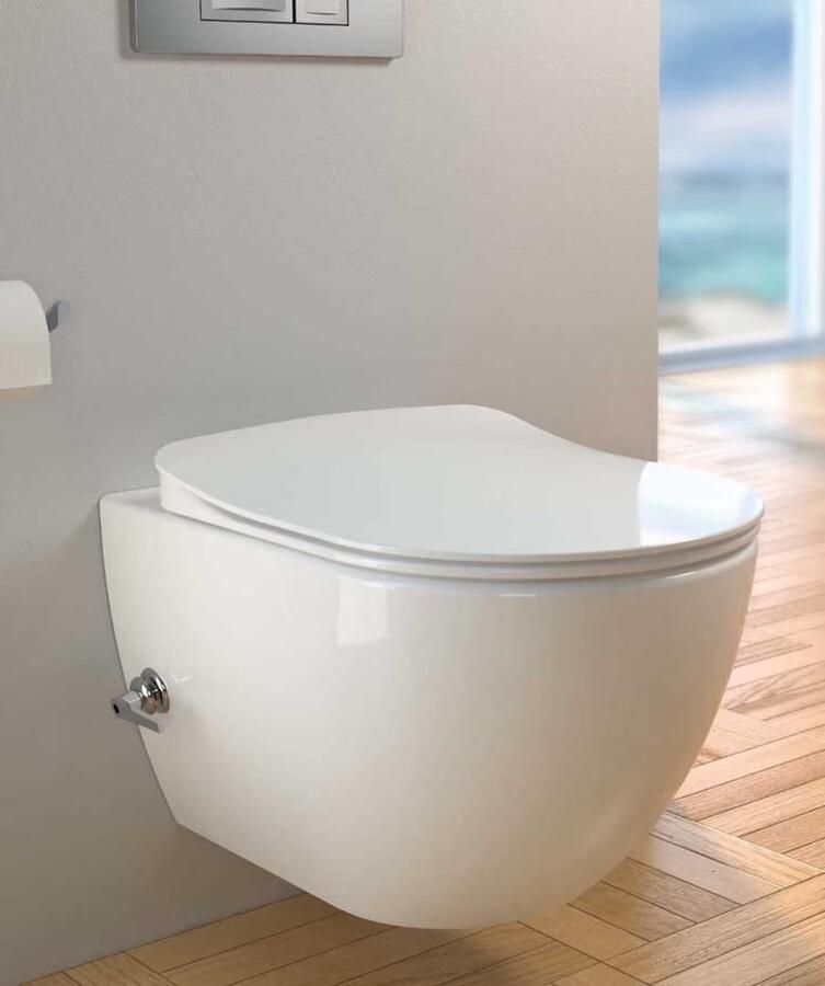 Creavit Toiletpot Hangend 35.2x51x34.3cm Wandcloset Keramiek Glans Wit Diepspoel Rimless met Bidet Koud Warm Water