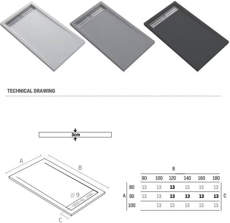 Aloni Douchebak Elite | 140x90x3 cm | Excl.Sifon | Composietsteen | Rechthoek | Grijs
