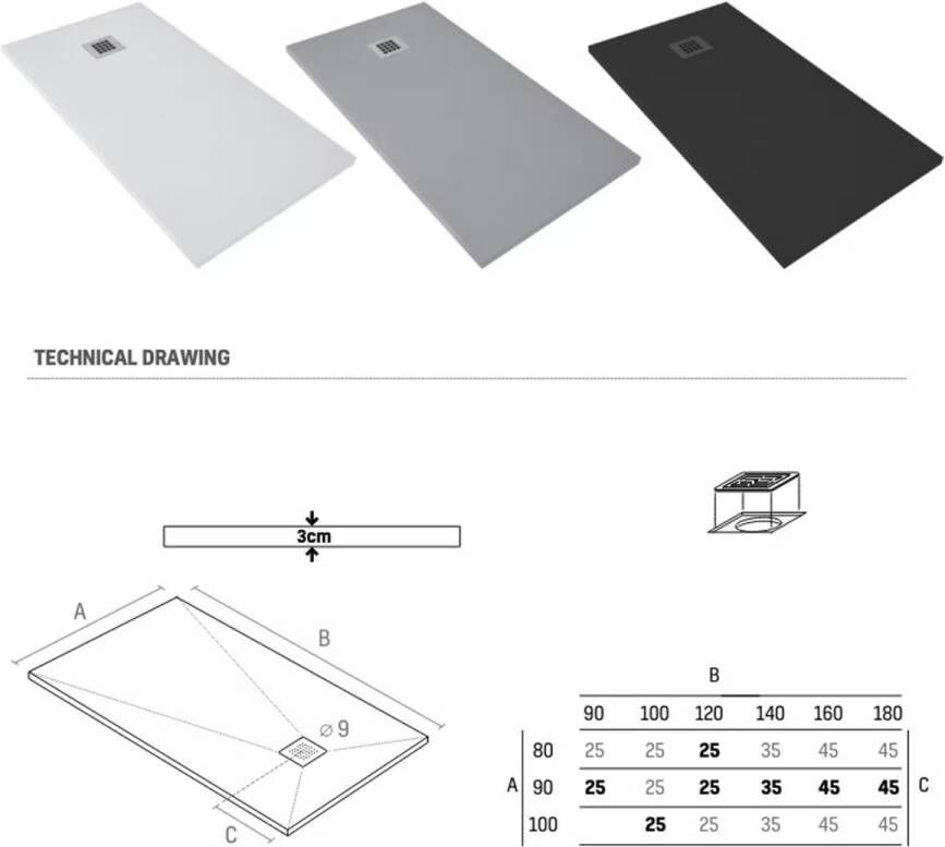 Aloni Douchebak Madison | 180x90x3 cm | Excl.Sifon | Composietsteen | Rechthoek | Grijs