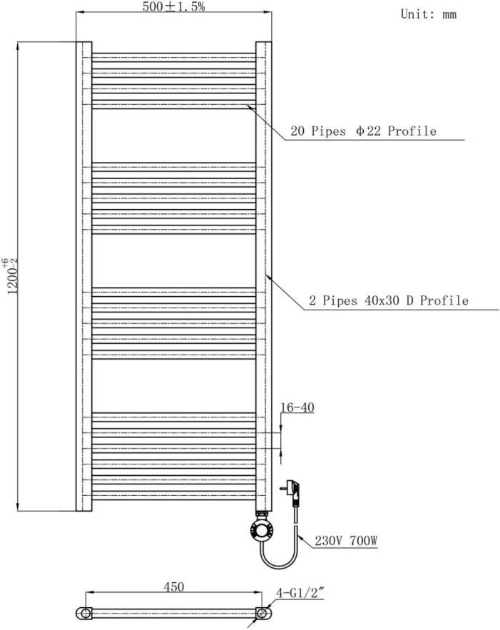 Belrad Elektische handdoekradiator | 120x50 cm | 700 watt | Mat zwart