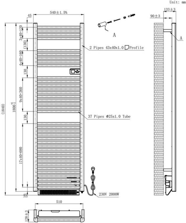 Belrad Elektrische handdoekradiator | 180x45 cm | Met blower | 2000 watt | Mat zwart