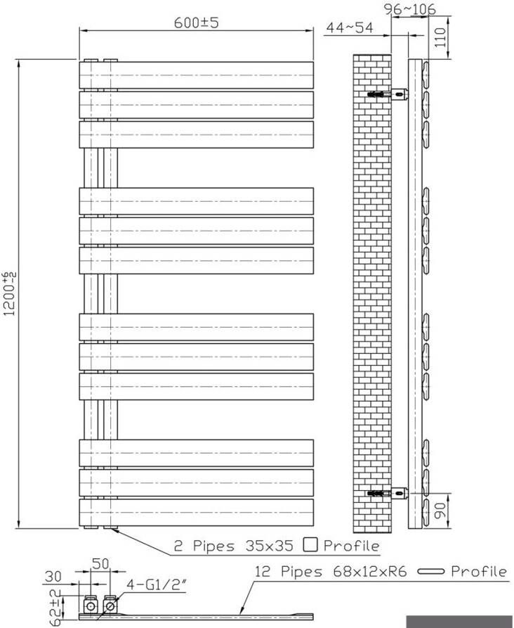 Belrad handdoek radiator zijaansluiting 681 watt 120x60 cm staal wit