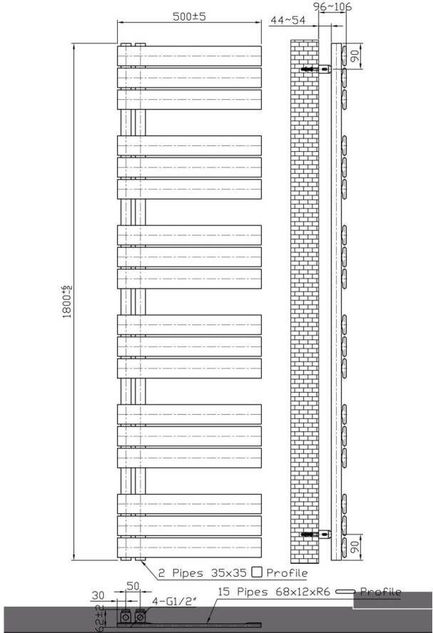 Belrad handdoek radiator zijaansluiting 890 watt 180x50 cm staal wit