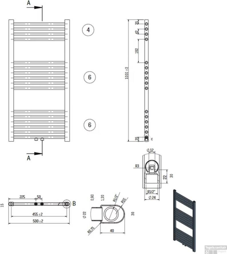 Belrad Handdoekradiator | 100x50 cm | Midden aansluiting | 438 watt | Wit