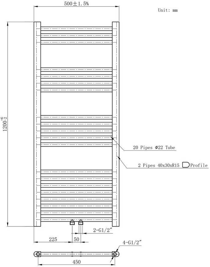 Belrad Handdoekradiator | 120x50 cm | Midden aansluiting | 376 watt | Chroom