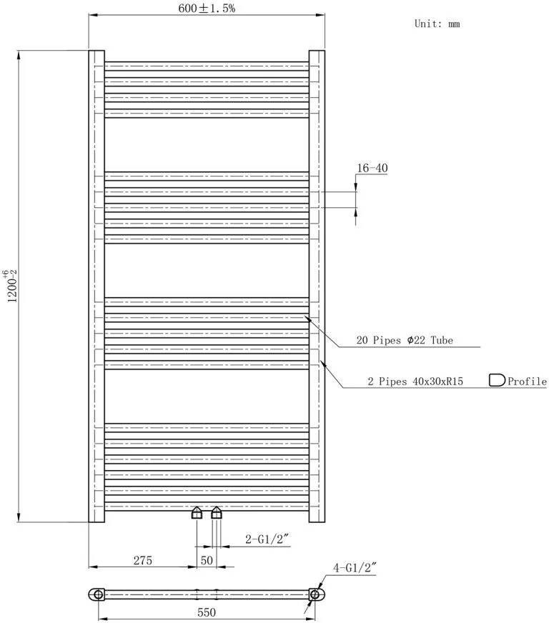 Belrad Handdoekradiator | 120x60 cm | Midden aansluiting | 431 watt | Chroom