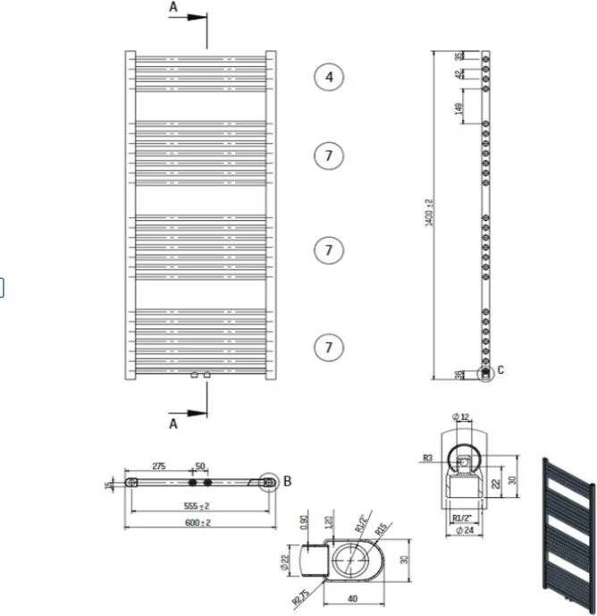 Belrad Handdoekradiator | 140x60 cm | Midden aansluiting | 754 watt | Wit