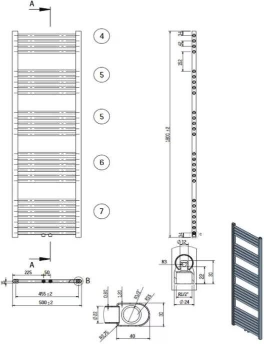 Belrad Handdoekradiator | 160x50 cm | CV radiator | Midden aansluiting | 721 watt | Zwart mat geborsteld