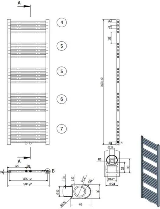 Belrad Handdoekradiator | 160x50 cm | Midden aansluiting | 721 watt | Wit