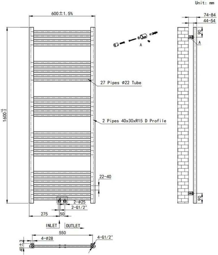 Belrad Handdoekradiator | 160x60 cm | Midden aansluiting | 557 watt | Geborsteld Goud