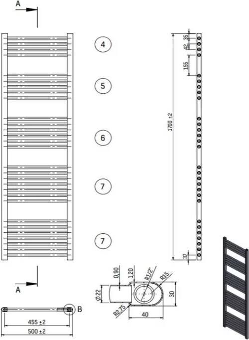 Belrad Handdoekradiator | 170x50 cm | Midden aansluiting | 886 watt | Wit