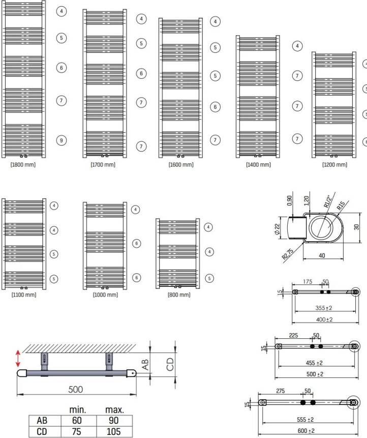 Belrad Handdoekradiator | 180x40 cm | CV radiator | Midden aansluiting | 699 watt | Zwart mat geborsteld
