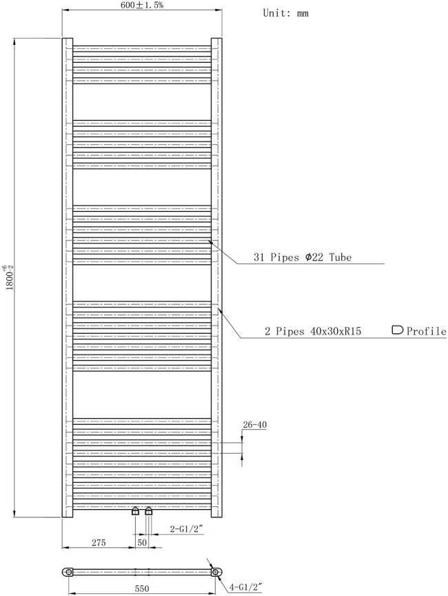 Belrad Handdoekradiator | 180x50 cm | Midden aansluiting | 575 watt | Chroom