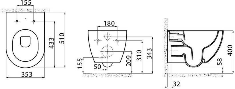 Creavit Wandcloset Freedom | Met spoelrand | Met bidet | Excl.Toiletzitting | Keramiek | Wit mat