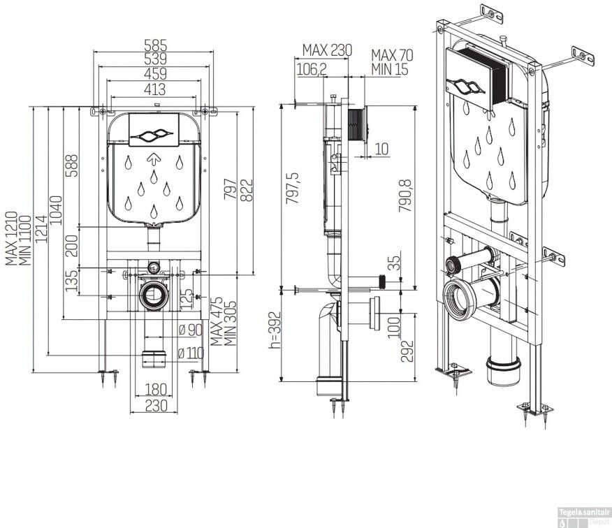 Creavit GR5003 inbouwreservoir 3-6L H121 cm frontbediening