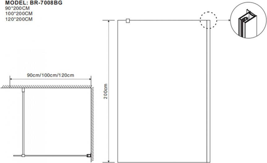 Fabriecio Inloopdouche Ravenna | 90x200 cm | Nano-coating | Rookglas | Zwart mat beslag