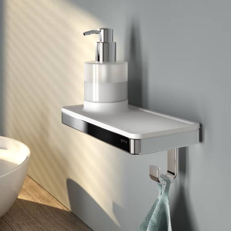 Geesa Planchet zeepdispenser Frame | 200 ml | Met handdoekhaak | Wit-Chroom