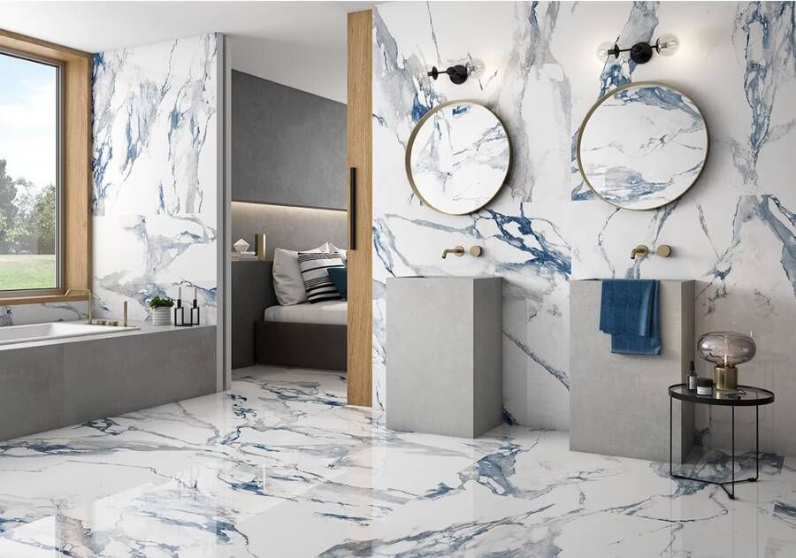 Geo Tiles Crash Vloertegel | 120x120 cm | Gerectificeerd | Marmerlook | Glans Blauw