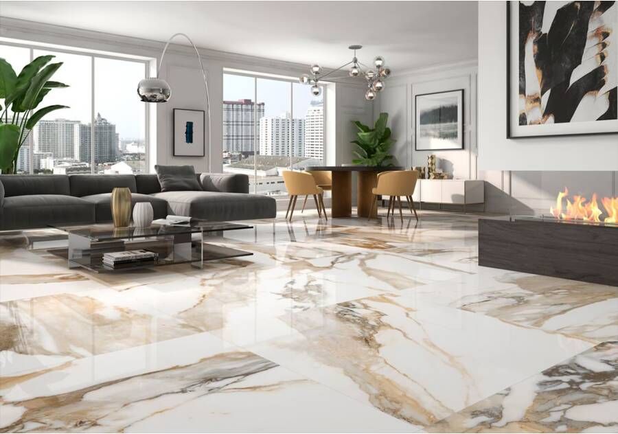 Geo Tiles Crash Vloertegel | 120x120 cm | Gerectificeerd | Marmerlook | Mat Beige