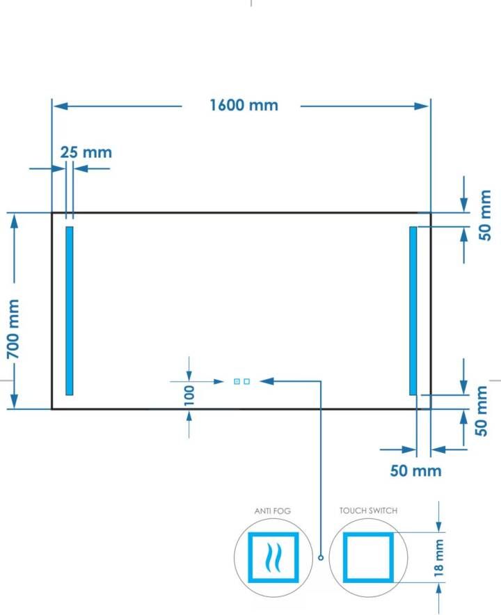 Gliss Design Badkamerspiegel Veri | 160x70 cm | Rechthoekig | Directe LED verlichting | Touch button | Met spiegelverwarming