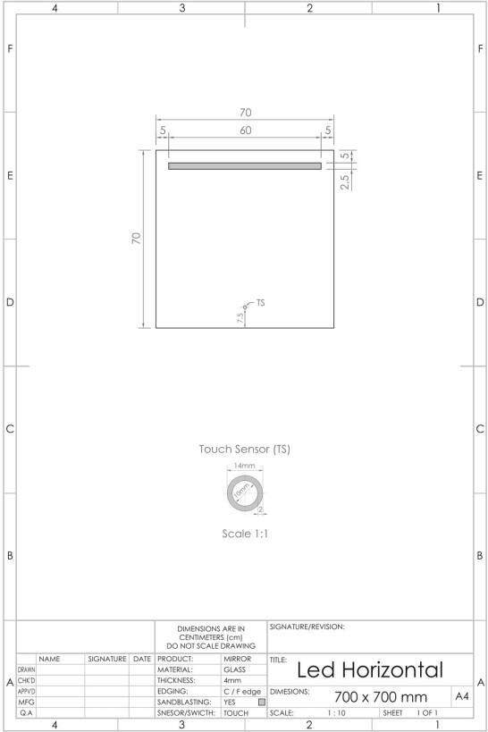 Gliss Design Badkamerspiegel Horizontal | 70x70 cm | Rechthoekig | Indirecte LED verlichting | Touch button | Met spiegelverwarming