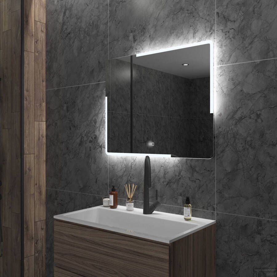 Gliss Design Badkamerspiegel Melite | 80x70 cm | Rechthoekig | Indirecte LED verlichting | Touch button | Met spiegelverwarming