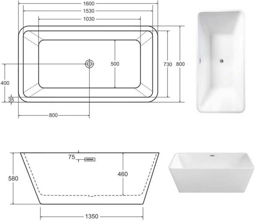 Gliss Design Half-vrijstaand bad Metis | 160x80 cm | Acryl | Rechthoek | Wit glans