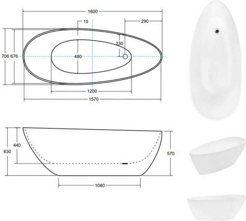 Gliss Design Vrijstaand bad Theia | 160x70 cm | Cast marble | Ovaal | Wit mat