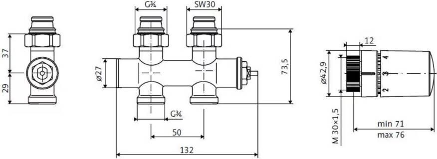 HSK compacte thermostaat midden aantsluiting chroom