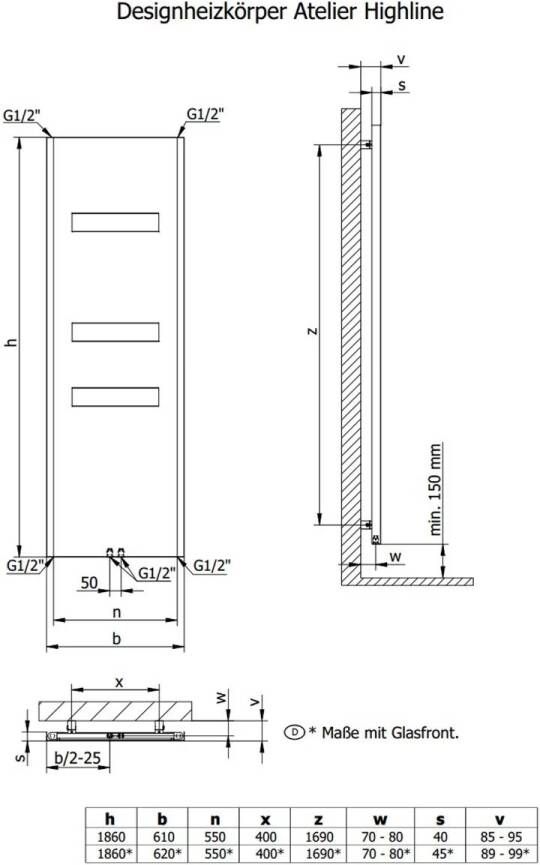 HSK Design Radiator Atelier Highline | 61x186 cm | CV radiator | Midden zij aansltuiting | 665 watt | Grafiet-zwart