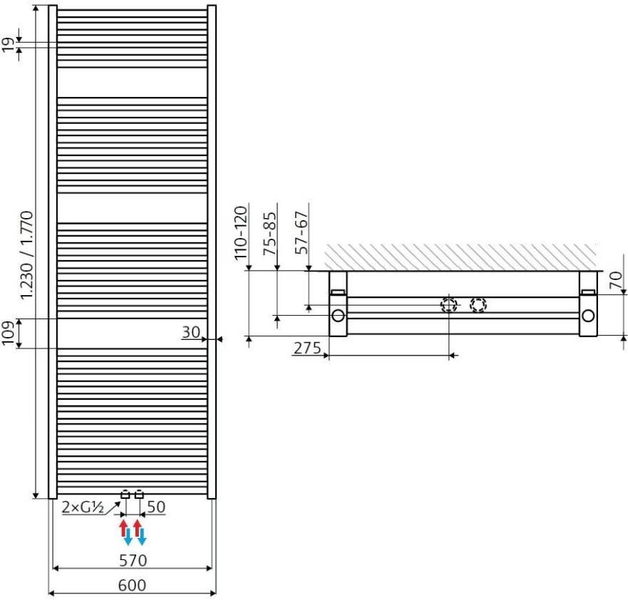 HSK Handdoekradiator Line Two | 60x123 cm | Warmwaterwerking | Grafiet-zwart